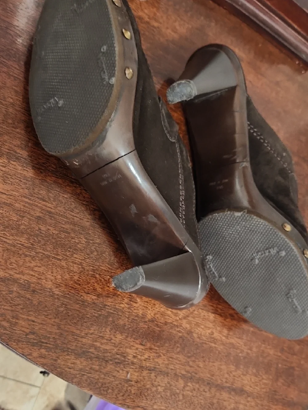 Stuart Weitzman Studded Black Suede Mule Heels with Buckle Accent - Picture 3 of 3